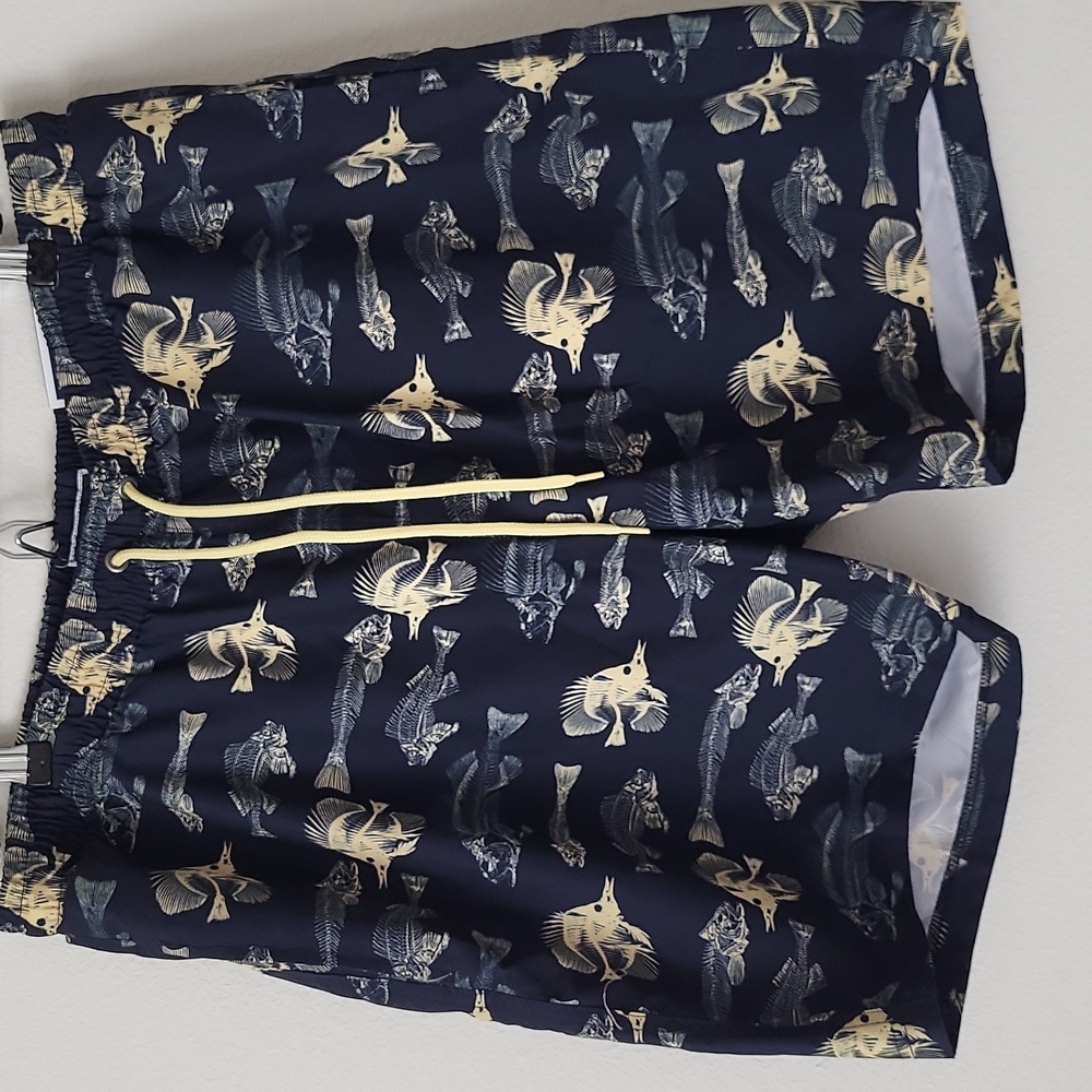 Men's Navy & Yellow Swim Trunks CLUB Room Size L 7" inseam Lined